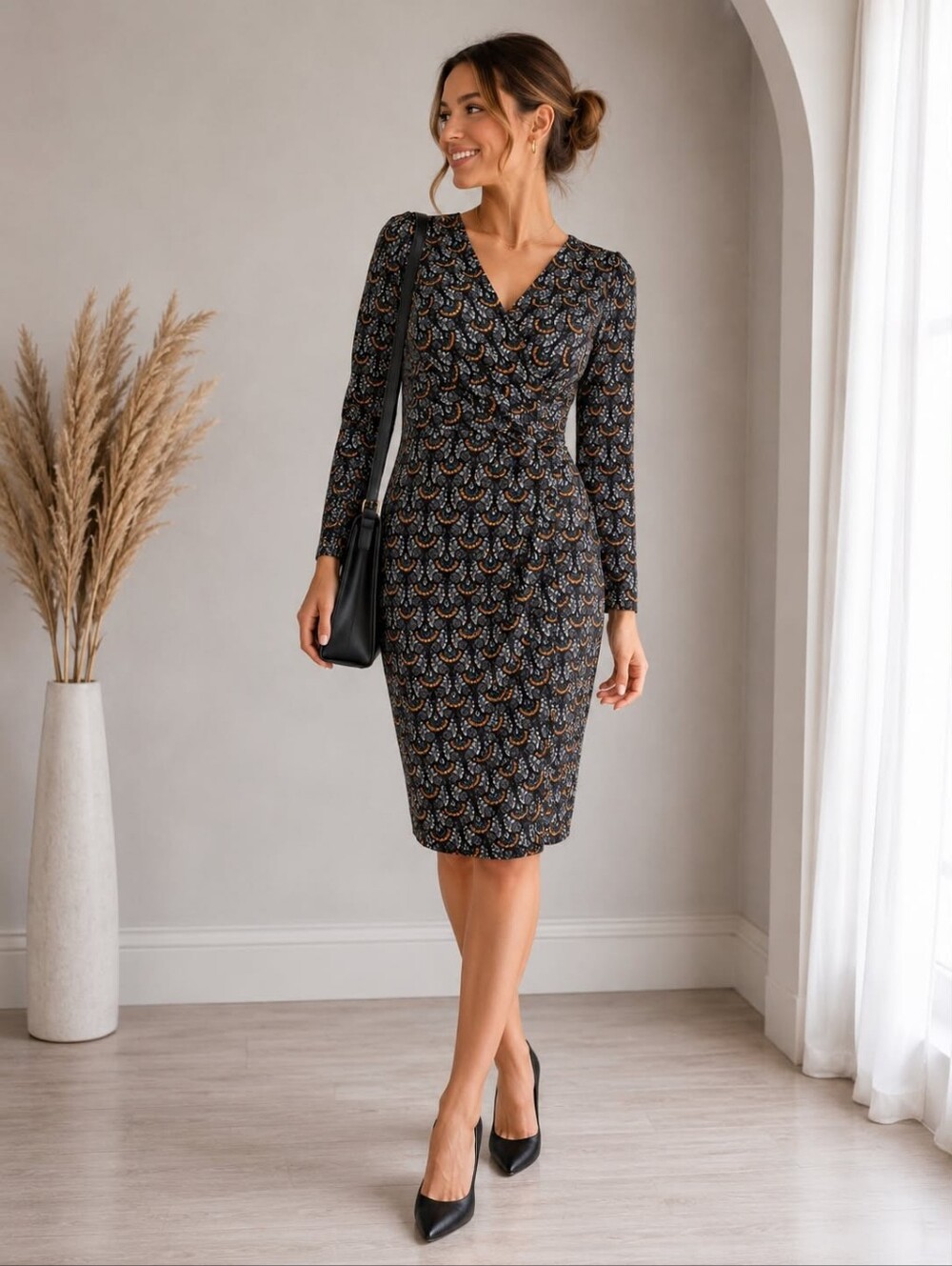 Closet Black Midi Dress with Orange and Cream Scallop Print
